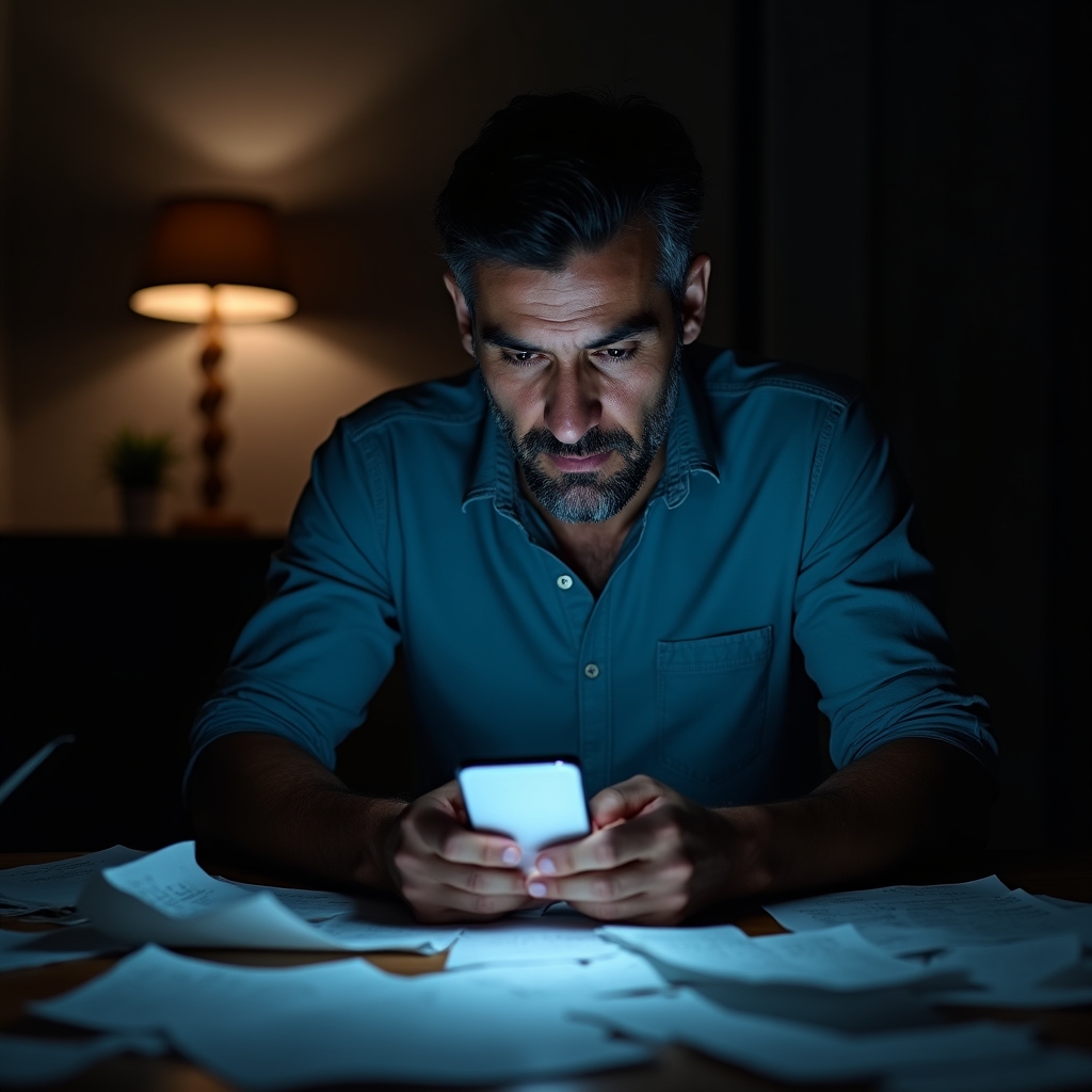 Persoană privind îngrijorată un teanc de bonuri fiscale și o aplicație de cheltuieli