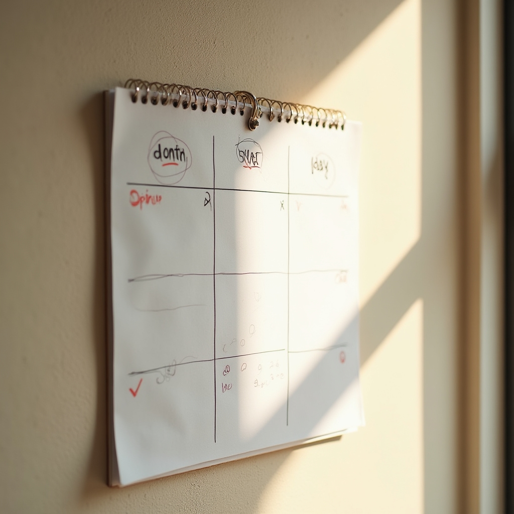 Calendar de perete cu trei luni marcate, simbolizând formarea unui obicei financiar