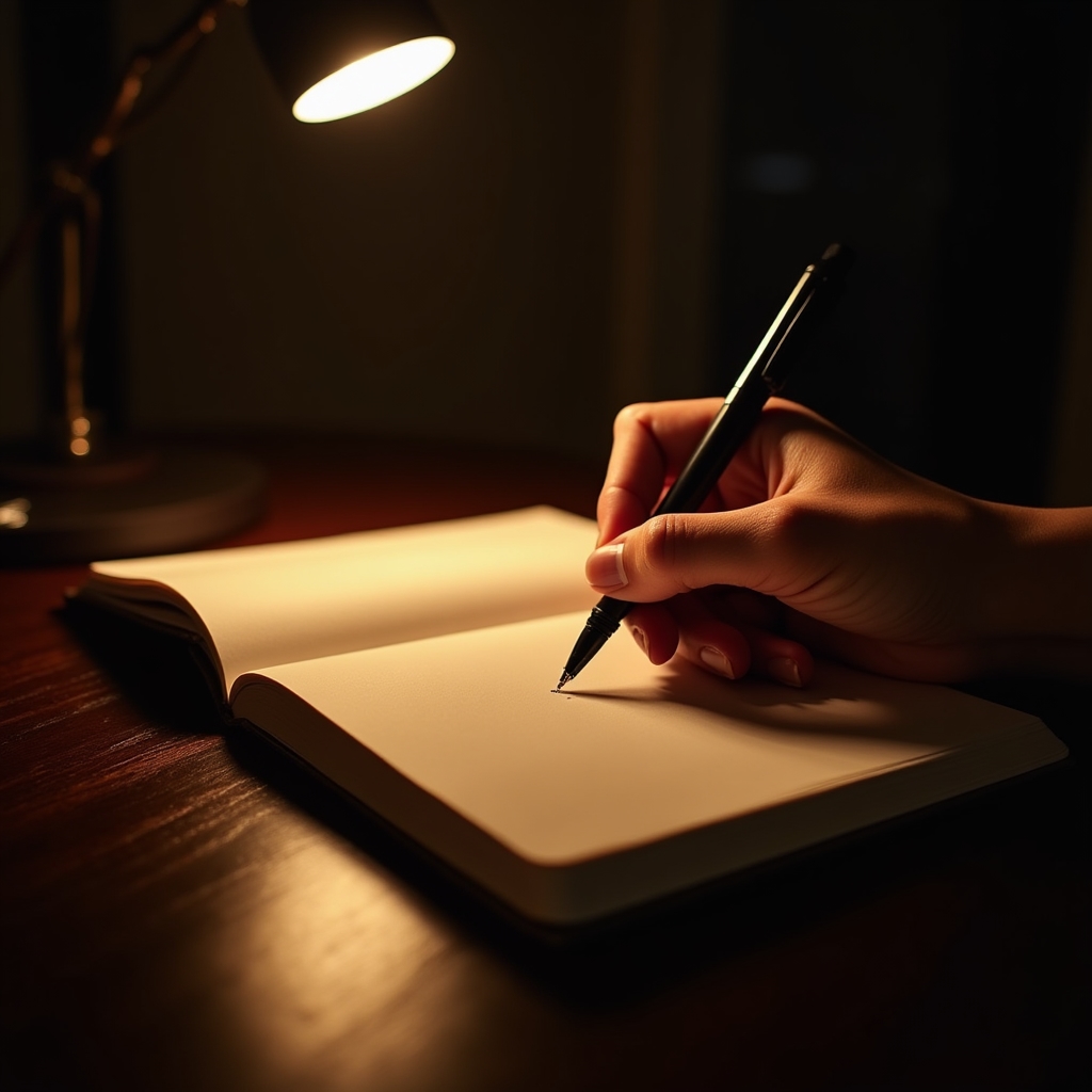 Caiet deschis pe o masă cu o listă scrisă de mână, seara, la lumina unei lămpi