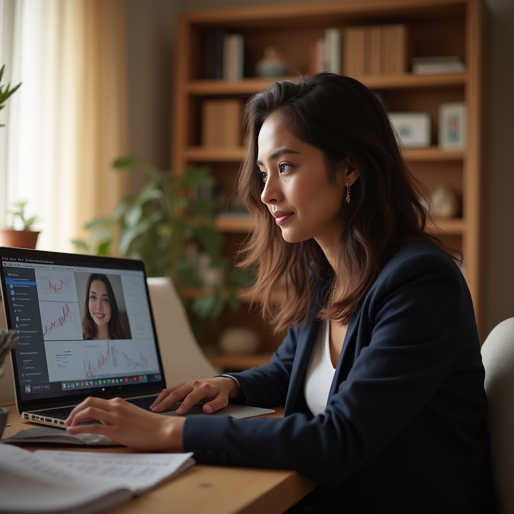 Persoană urmărind o sesiune online despre obiceiuri financiare pe un laptop